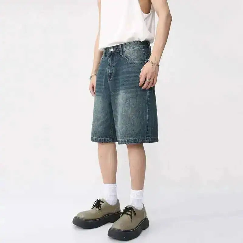 IEFB Summer Denim Shorts Men's Loose Korean Style Retro Short Jeans Fashion Washed Casual Knee Length Pant New Streetwear 9A8588