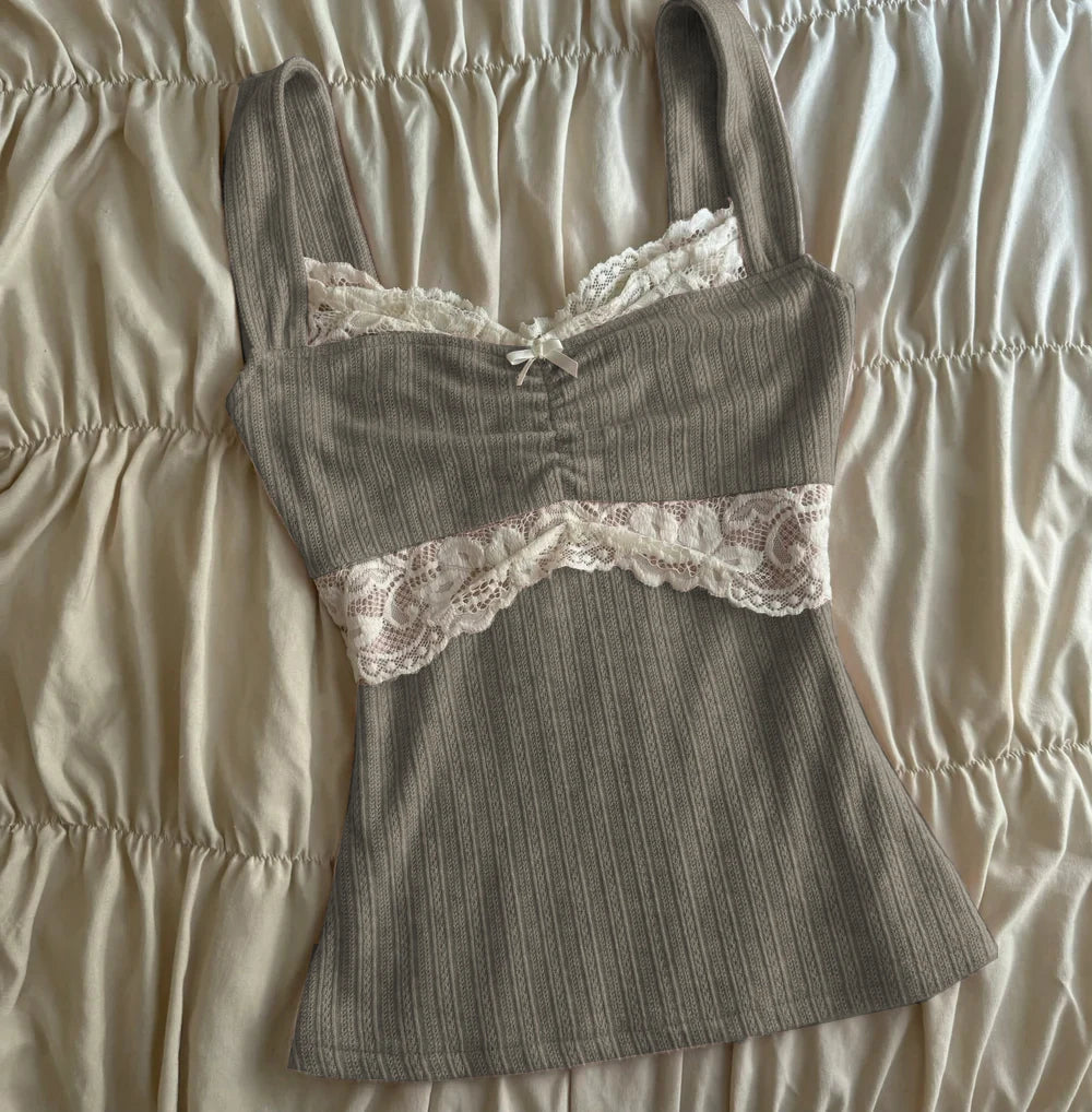 Summer Lace Patchwork Coquette T-shirt Ribbed Knit Slim Fit Milkmaid Tees Women Short Sleeve Y2k Grunge Crop Tops Aesthetic