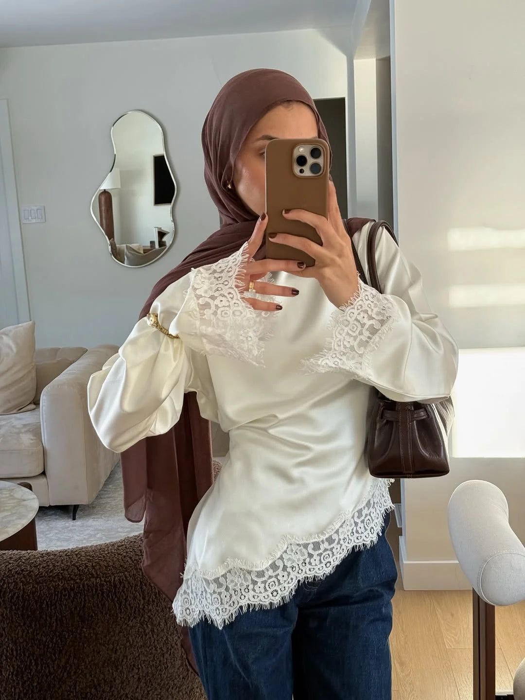 Elegant Satin Lace Patchwork Top Women O-neck Loose Long Sleeves Strappy Female shirt 2026 Spring Autumn Chic Lady T-shirt