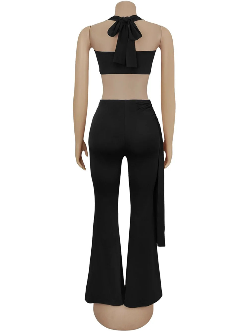 Weird Puss Ruched 2 Piece Set Women Sexy Halter Backless Bra+Metal Casp Ribbon Flared Pants Matching Party Club Stretch Outfits