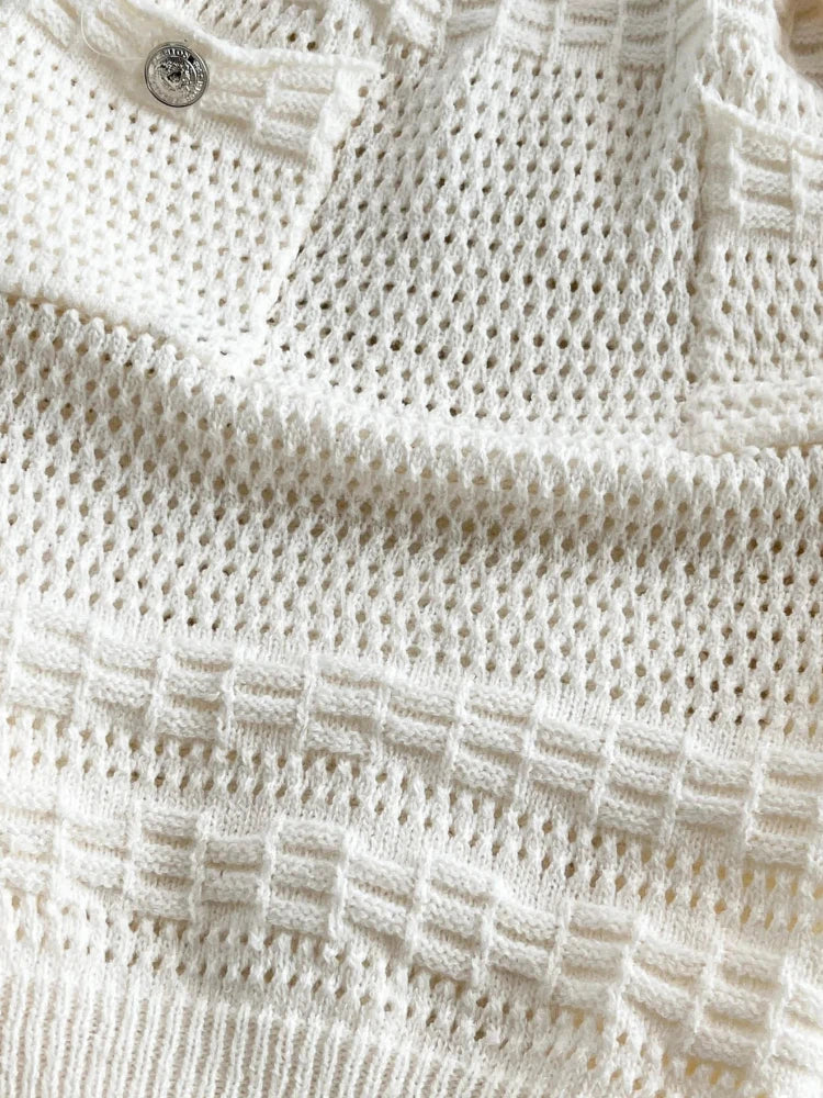 Hollow Out Knit Mini Dress Women's Sleeveless V-Neck Bodycon Short Dress Button Decor Summer Beach Vacation Sexy Dress