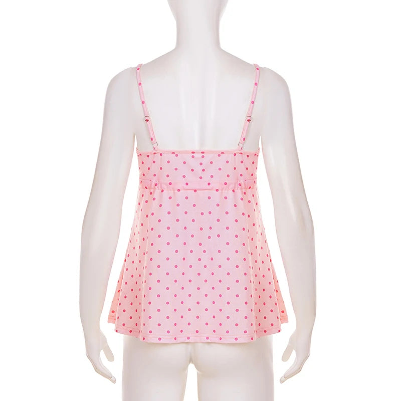 SUCHCUTE Chic Sweet Cute Polka Dot Print Bow Lace-up Camisole Women V Neck Sleeveless Crop Top Y2k Streetwear Slim Tanks Summer