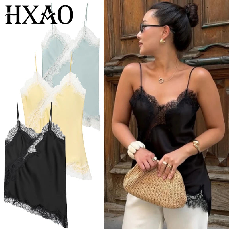 HXAO Asymmetrical Slip Top Women Summer 2025 Y2K Tanks & Camis Lace Black Off Shoulder Top Elegant Sleeveless Backless Camisole