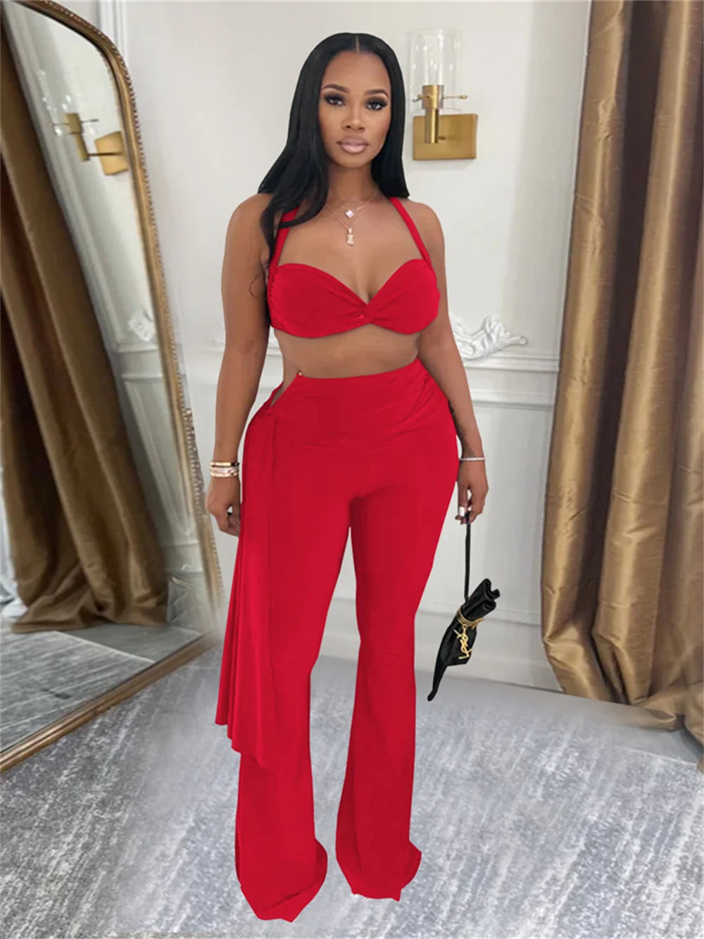 Weird Puss Ruched 2 Piece Set Women Sexy Halter Backless Bra+Metal Casp Ribbon Flared Pants Matching Party Club Stretch Outfits