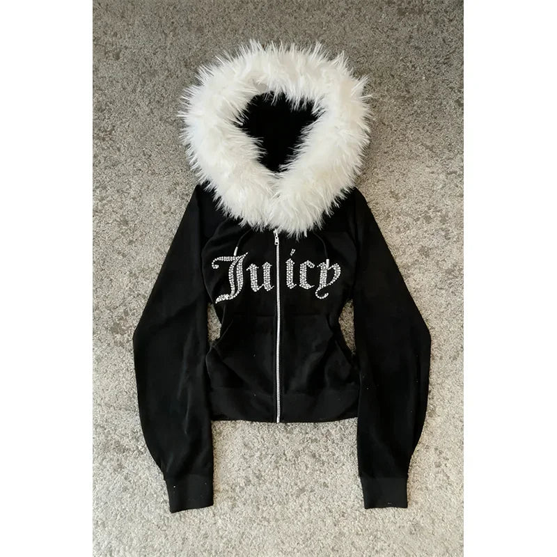 Spring 26th subculture Y2K new fur collar cardigan sportswear zipper jacket letter hot stamping retro sportswear jacket