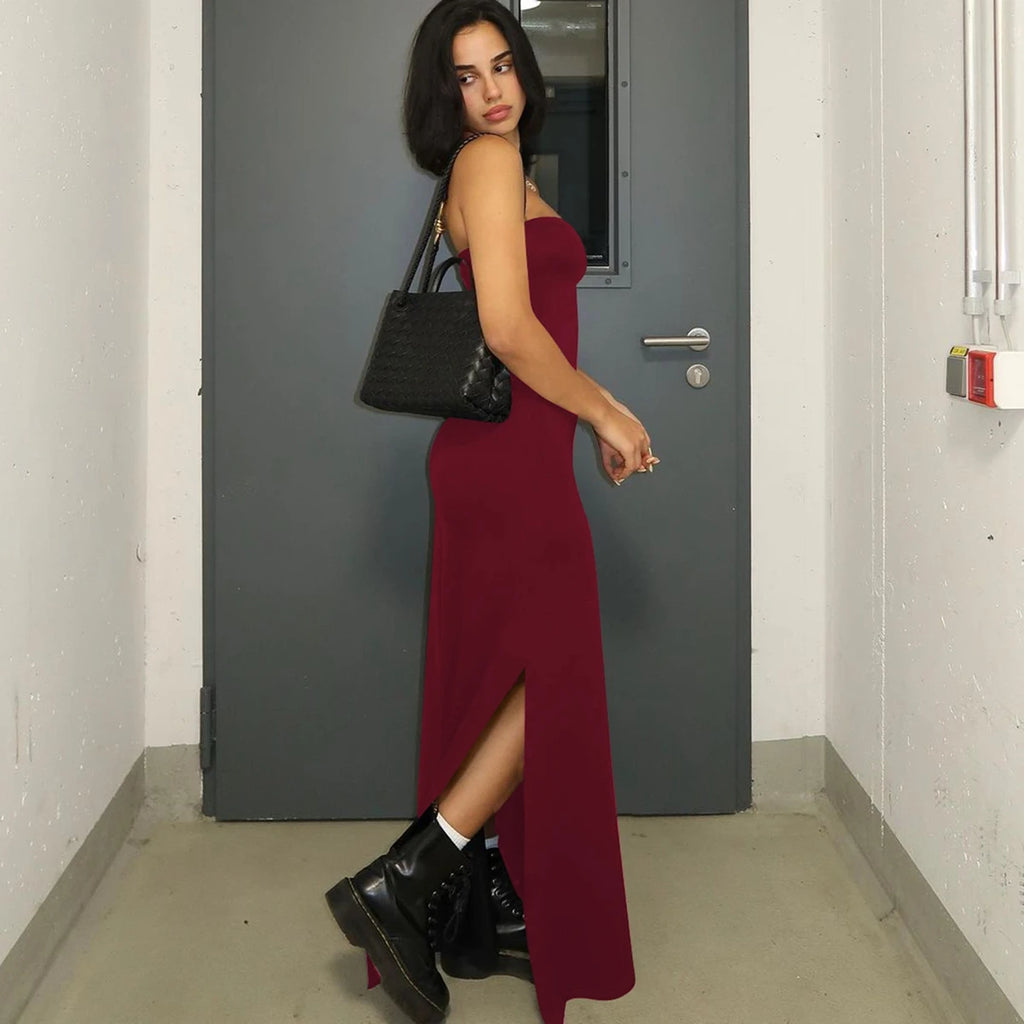 Hugcitar Black Strapless Long Sleeve Sexy Bodycon Maxi Prom Dress 2024 Fall Winter Elegant Women Outfit Evening Party Festival