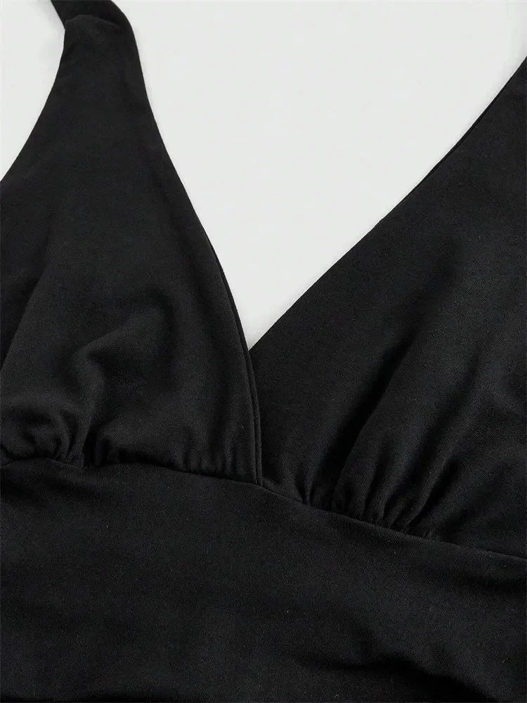 Solid V-neck Backless Halter Crop Top for Women Summer Sexy Y2K Sleeveless Ruched Top Streetwear