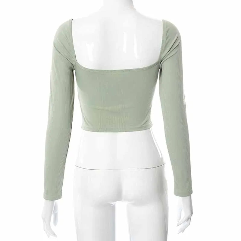 Hollow-Out V-neck Long Sleeve Crop Tops Spring Fall Casual Fashion Women Square Collar Slim Ribbed T-Shirts Backless Tee