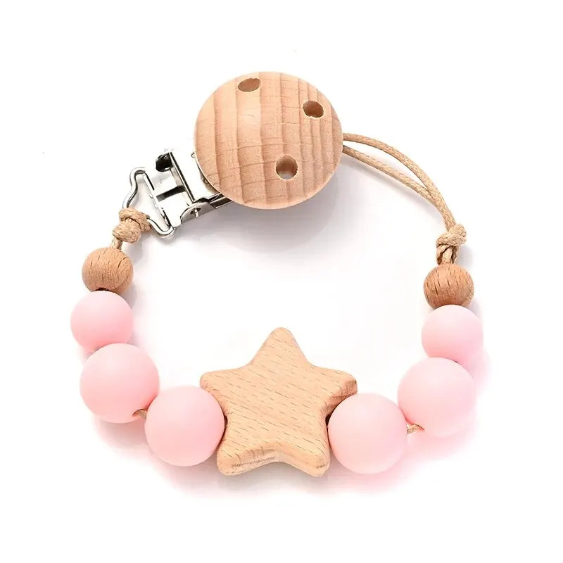 New Baby Pacifier Chain Clips Wood Pentagram Teether Silicone Round Beads Teething Chain For Care Soother Chew Toys Shower Gift