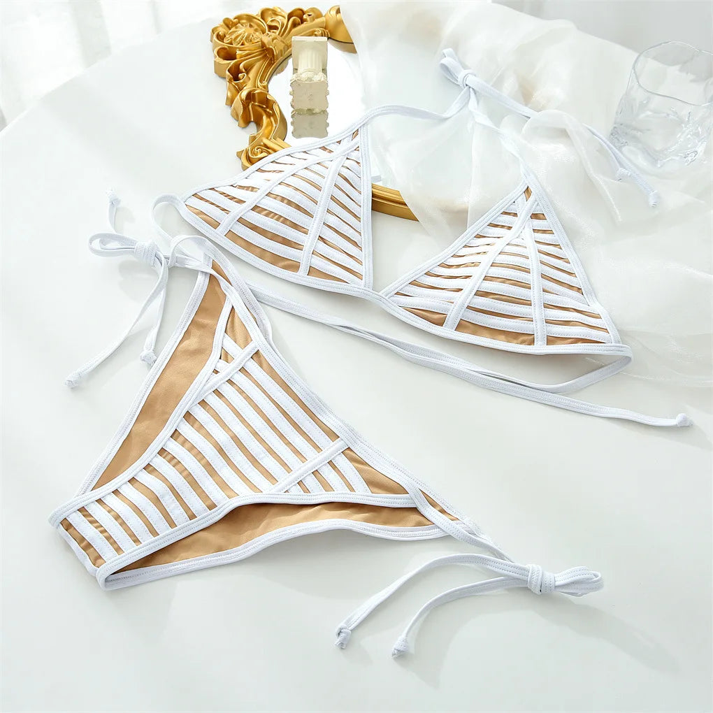 Melphieer Solid Cut Out Bikinis Women Triangle Bikini Set Ties Halter Bathing Suit Push Up Swimwear Beachwear Biquinis Maillot