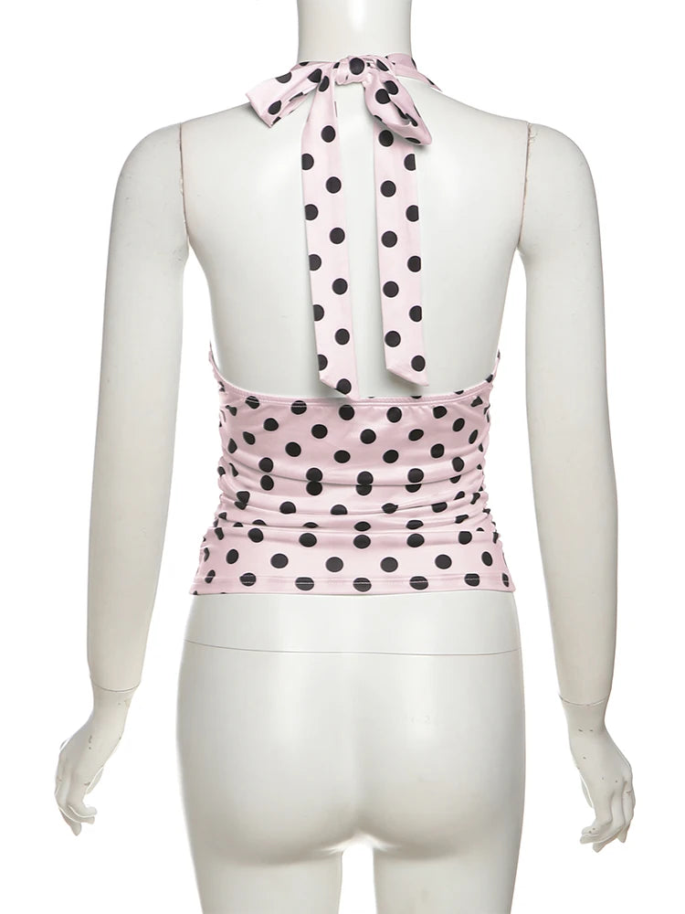 Weird Puss Polka Dot Print Vest Women Y2K Lace-Up Backless Halter v-Neck Skinny Summer Trend Daily  Street Basic Chic Tank Tops