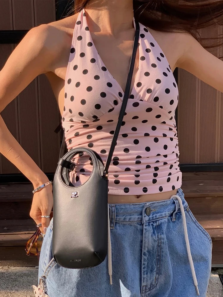 Weird Puss Polka Dot Print Vest Women Y2K Lace-Up Backless Halter v-Neck Skinny Summer Trend Daily  Street Basic Chic Tank Tops