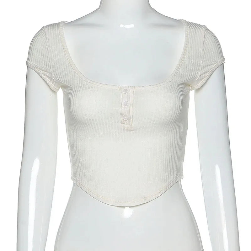 Women Summer Fashion Streetwear Sexy White Transparent Crop Tops Buttons V Neck Short Sleeve Pullover Slim T Shirts Club Party