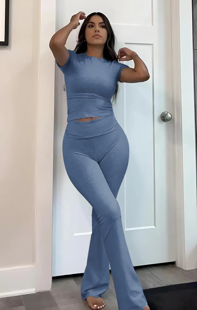 Casual Workout Two Piece Outfits for Women Short Sleeve Crop High Waist Foldover Flare Pants Tracksuit Sets Streetwear