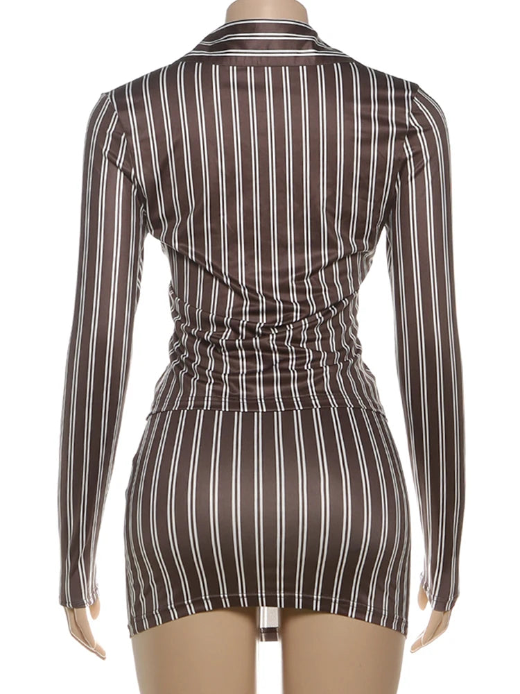 Weird Puss Stripes Print 2-Piece Set Women Tracksuit Crop Blouse+Peach Hip Skirts Matching Streetwear Office Elegant Outfits