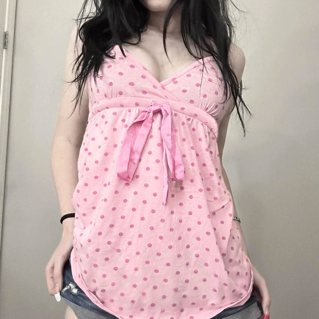 SUCHCUTE Chic Sweet Cute Polka Dot Print Bow Lace-up Camisole Women V Neck Sleeveless Crop Top Y2k Streetwear Slim Tanks Summer