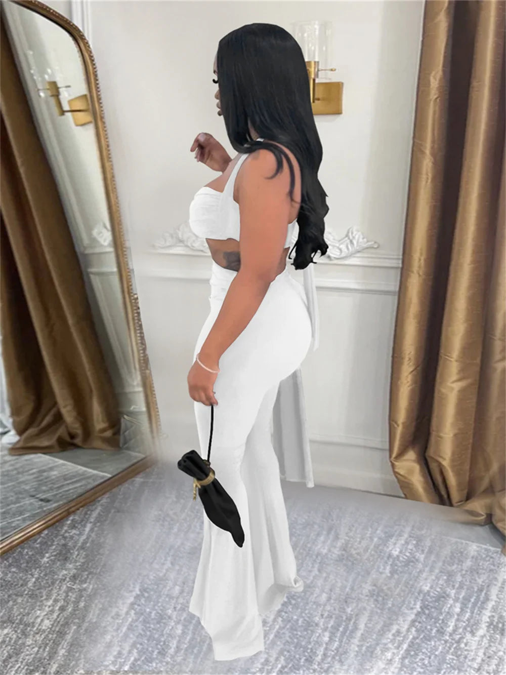 Weird Puss Ruched 2 Piece Set Women Sexy Halter Backless Bra+Metal Casp Ribbon Flared Pants Matching Party Club Stretch Outfits