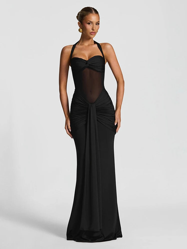 kliou Patchwork Elegant Women Maxi Dress Classic Sexy Sheer Ribbons Halter Backless Bodycon Female Trend Festival Evening Wear