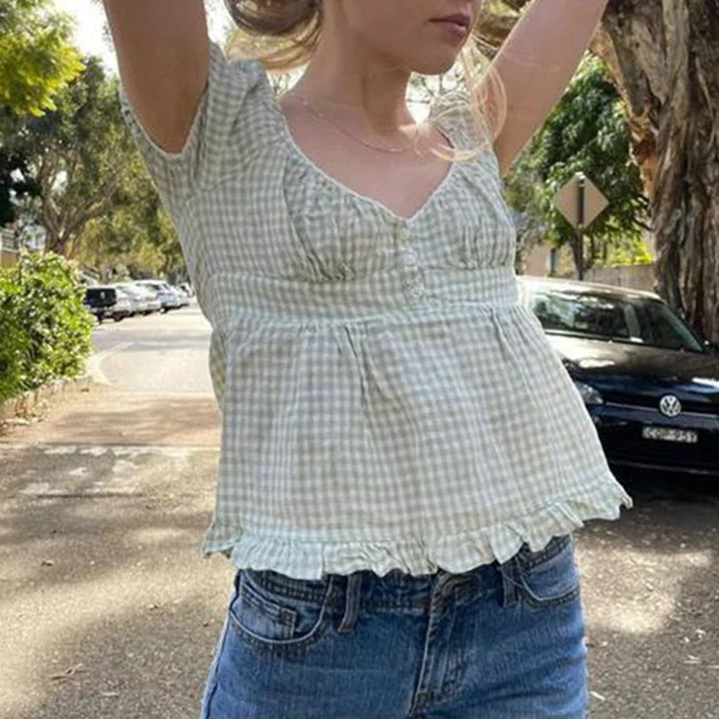 Y2K Aesthetic Fairy Vintage T-shirt Kawaii Grunge Lace Crop Top Square Collar Short Sleeve Sweet Girl Miklmaid Tee Women Clothes