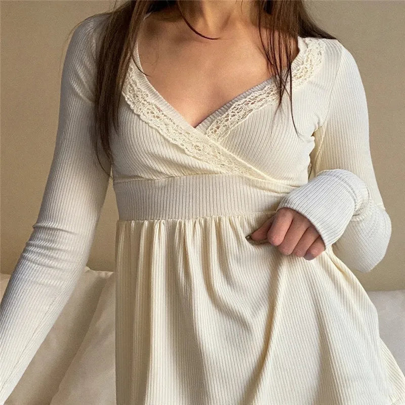 Women Y2k V Neck Lace Trim Long Sleeve Shirt Fairycore Slim Fit Ruffle Ribbed Knit Peplum Top Aesthetic Fall Clothes