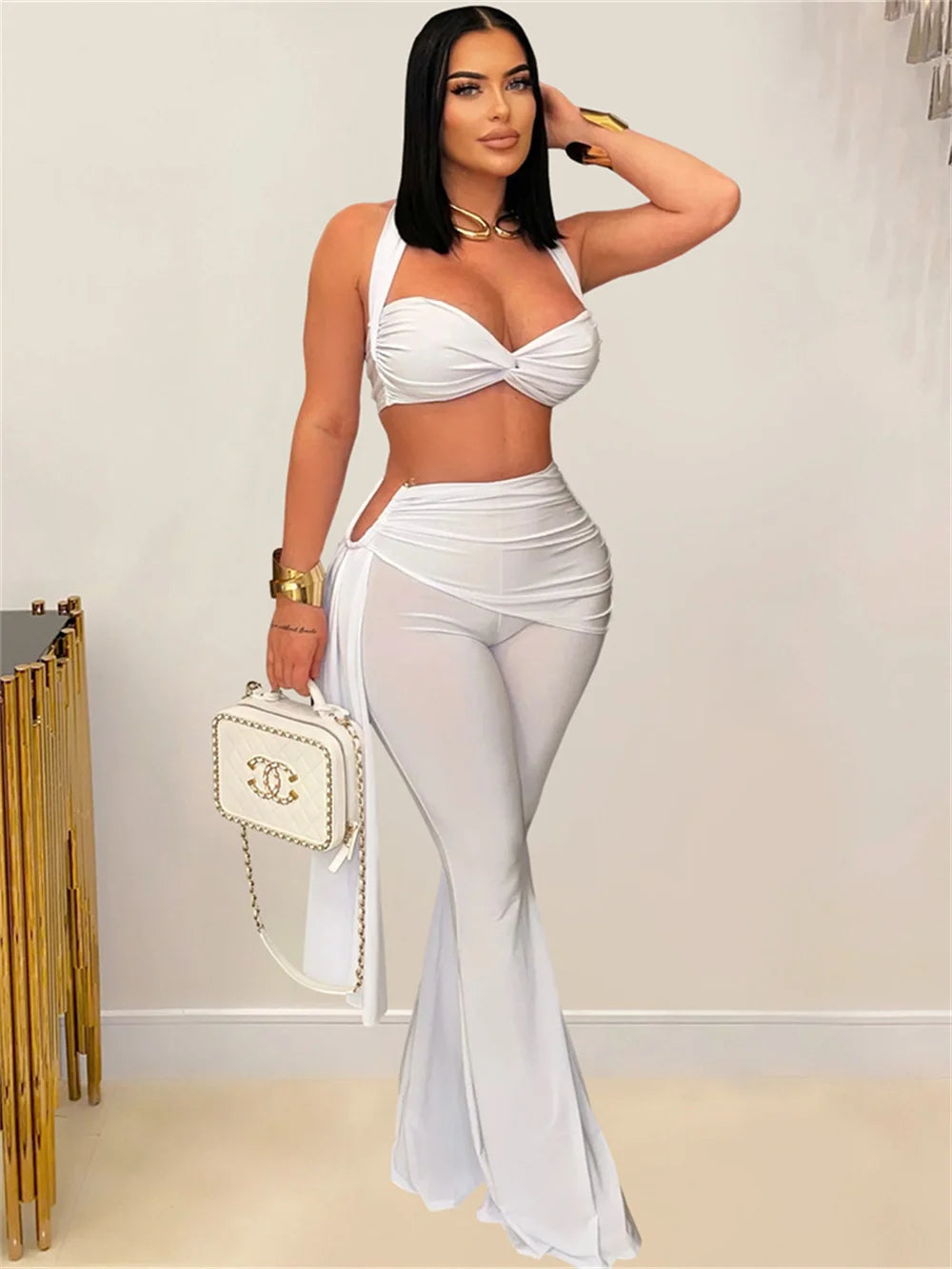 Weird Puss Ruched 2 Piece Set Women Sexy Halter Backless Bra+Metal Casp Ribbon Flared Pants Matching Party Club Stretch Outfits