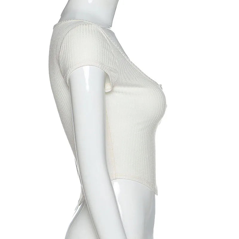 Women Summer Fashion Streetwear Sexy White Transparent Crop Tops Buttons V Neck Short Sleeve Pullover Slim T Shirts Club Party