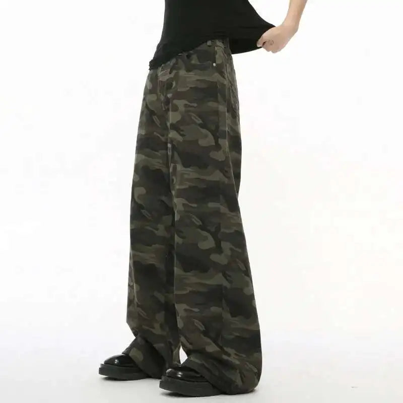IEFB Vintage Camouflage Men's Jeans Fashion Washed Casual Wide Leg Denim Pants Autumn Winter Loose Male Trousers Old Blue 9C354