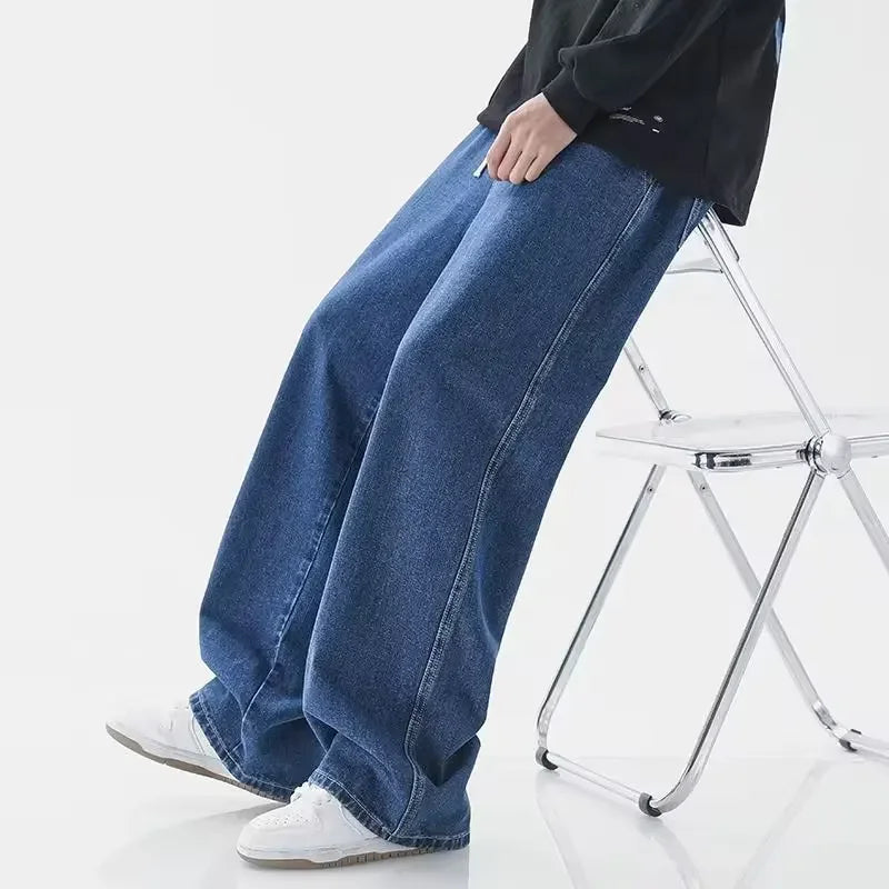 Light Wash Men's Drawstring Jeans Loose Straight Leg Floor-Length Trendy Casual Wide Leg Long Trousers Comfortable Fit