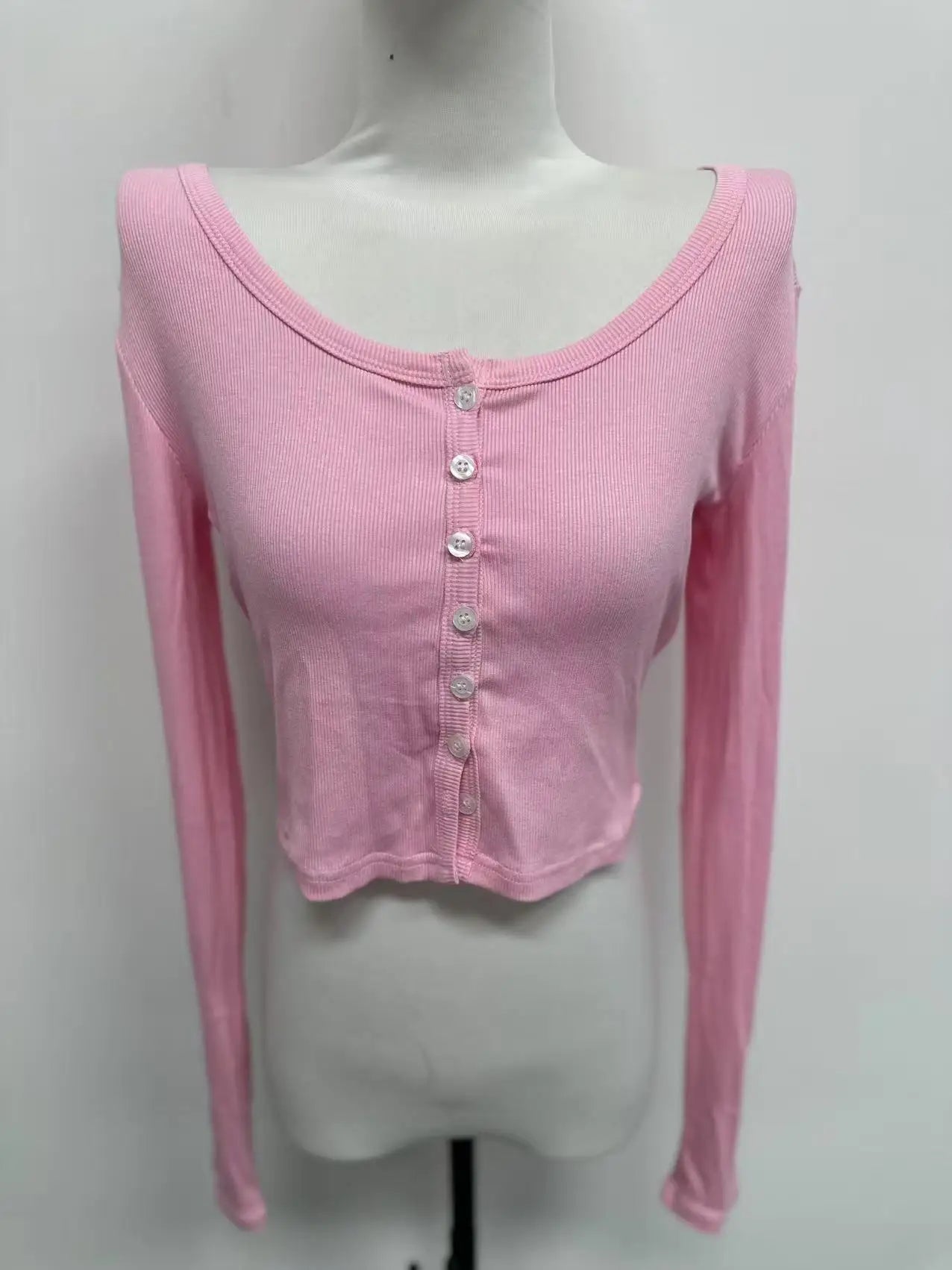 Single Breasted Tshirt Long Sleeve Crop Top Solid Color T Shirts For Women Streetwear Slim Fit Lady Outfit Camisetas Ropa Mujer