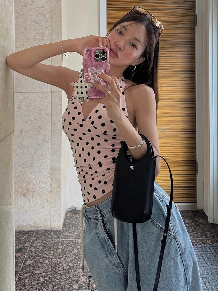 Weird Puss Polka Dot Print Vest Women Y2K Lace-Up Backless Halter v-Neck Skinny Summer Trend Daily  Street Basic Chic Tank Tops