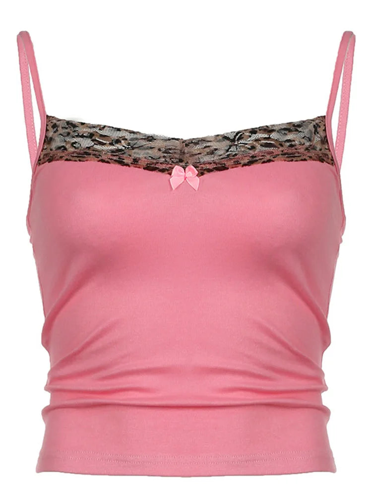 Vintage Leopard Print Stitched Crop Top Women Casual Sleeveless Cute Bow Patchwork Strap Tees y2k Summer Crop Tops Ladies