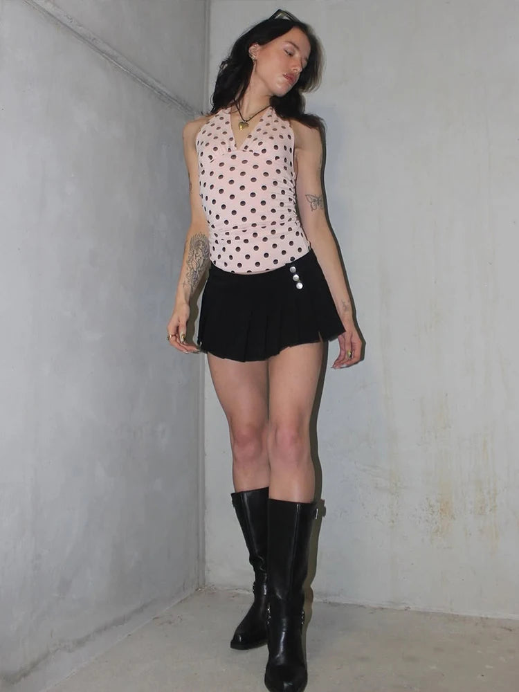 Weird Puss Polka Dot Print Vest Women Y2K Lace-Up Backless Halter v-Neck Skinny Summer Trend Daily  Street Basic Chic Tank Tops