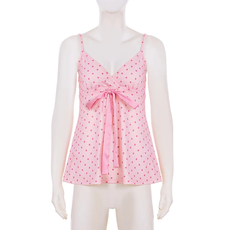 SUCHCUTE Chic Sweet Cute Polka Dot Print Bow Lace-up Camisole Women V Neck Sleeveless Crop Top Y2k Streetwear Slim Tanks Summer