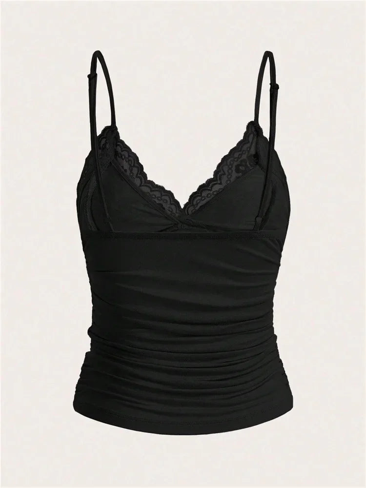 Sexy Contrast Lace Bow Front Crop Cami Top Women 2025 Summer Grunge Punk Y2K Clothes Ruched Skinny Backless Tee Shirt