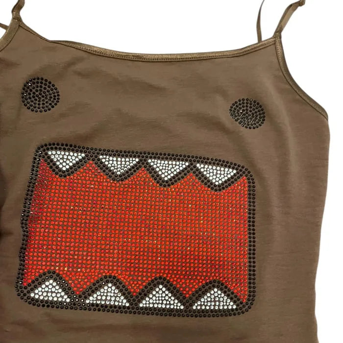 Harajuku Style Retro Rhinestone Cartoon Tank Top Womens Summer Casual Slim Fit Short Cut Crop Top