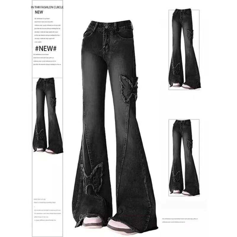 Vintage Slim Micro-flare Jeans Women Ins Fashionable Splicing Belt Edge Y2K Pants High Waist Straight American Street Trousers