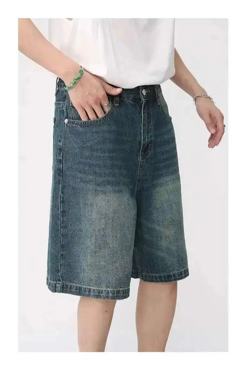 IEFB Summer Denim Shorts Men's Loose Korean Style Retro Short Jeans Fashion Washed Casual Knee Length Pant New Streetwear 9A8588