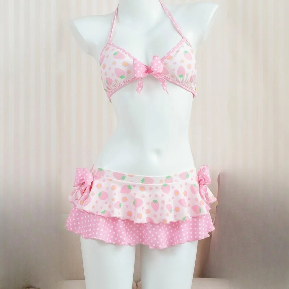 2026 Y2k Summer Cute Pink Sweet Patchwork Sets Cute Bow Design Sexy Lace-up Style Casual Bikini Swimsuit Beach Vaction Clothes