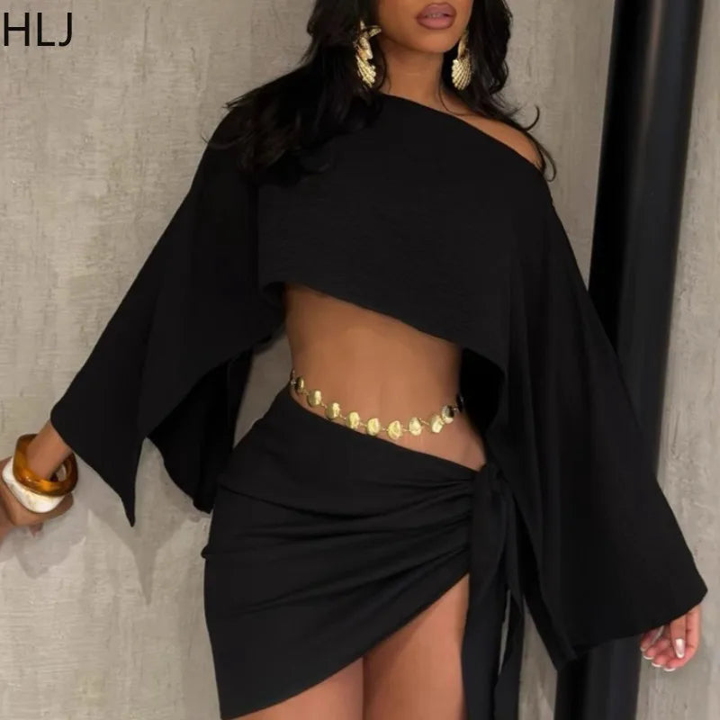 HLJ Elegant Off Showlder Two Piece Outfits Woman Summer One Shoulder Flared Sleeve Loose Crop Top and Skirt Suit Streetwear New