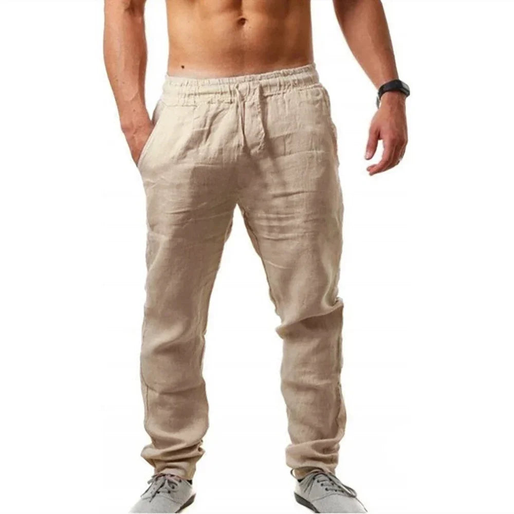 Men's Cotton Linen Pants Linen Breathable Elastic Waist Pants Breathable Casual Jogging Fitness Trousers Summer Sports Sweatpant