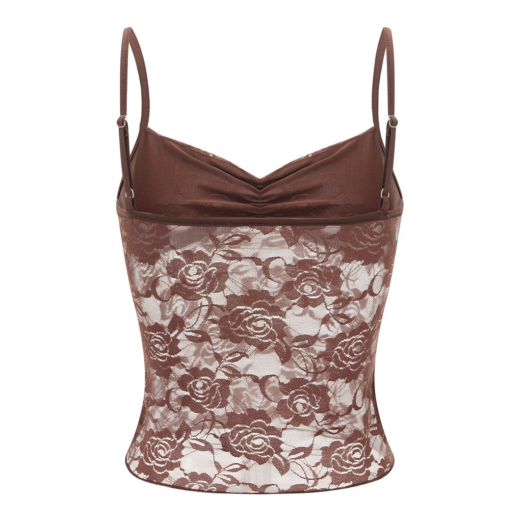 Women's Summer Lace Cami Tops Sleeveless Ruched Front Solid Color Camisole Slim Fit Tank Tops