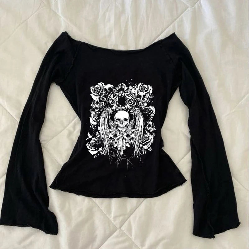 Retro gothic Fake Two-piece Printed T-shirt Women summer Y2K Streetwear Hot Girl Slim Off Shoulder Millennium Harajuku Casual