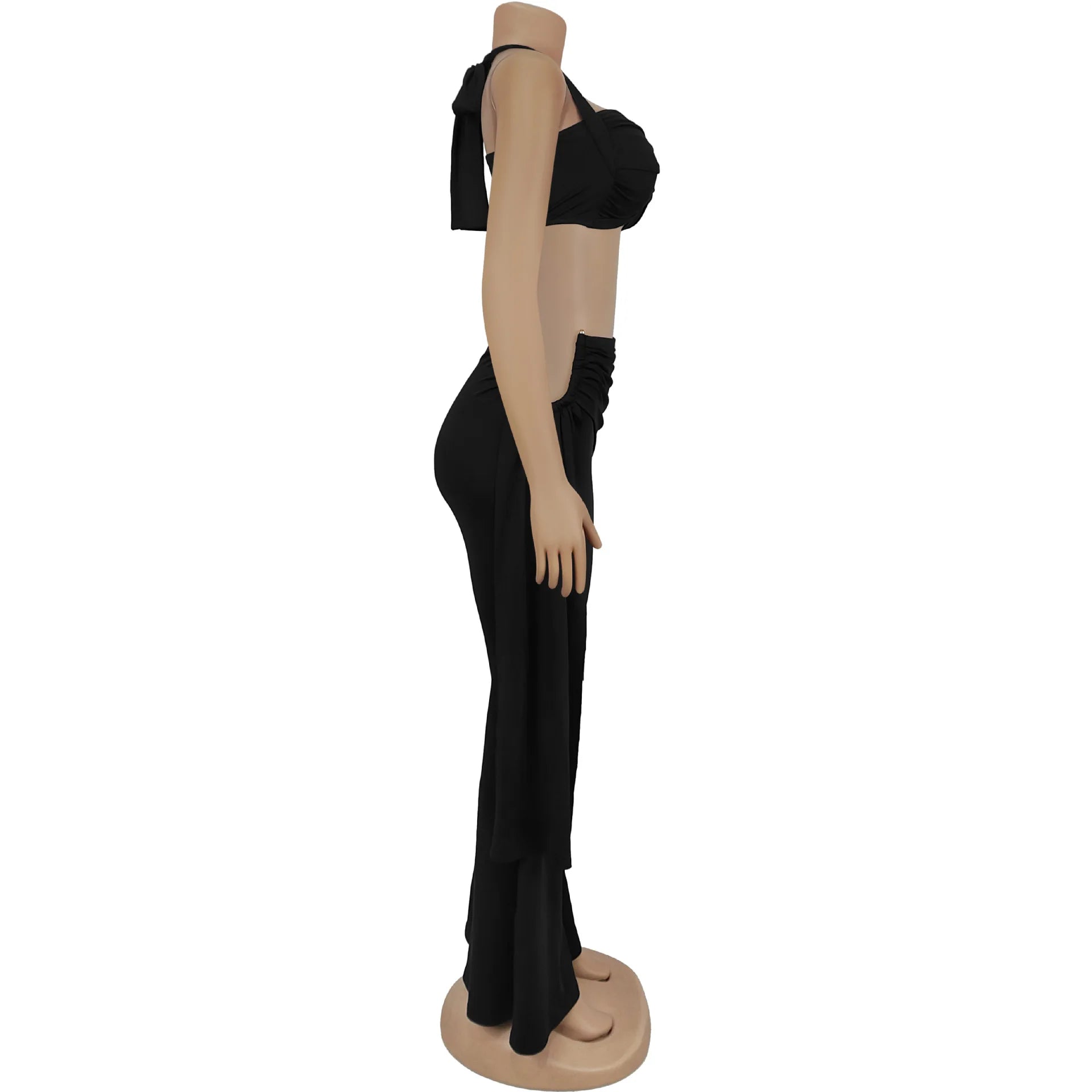 Weird Puss Ruched 2 Piece Set Women Sexy Halter Backless Bra+Metal Casp Ribbon Flared Pants Matching Party Club Stretch Outfits