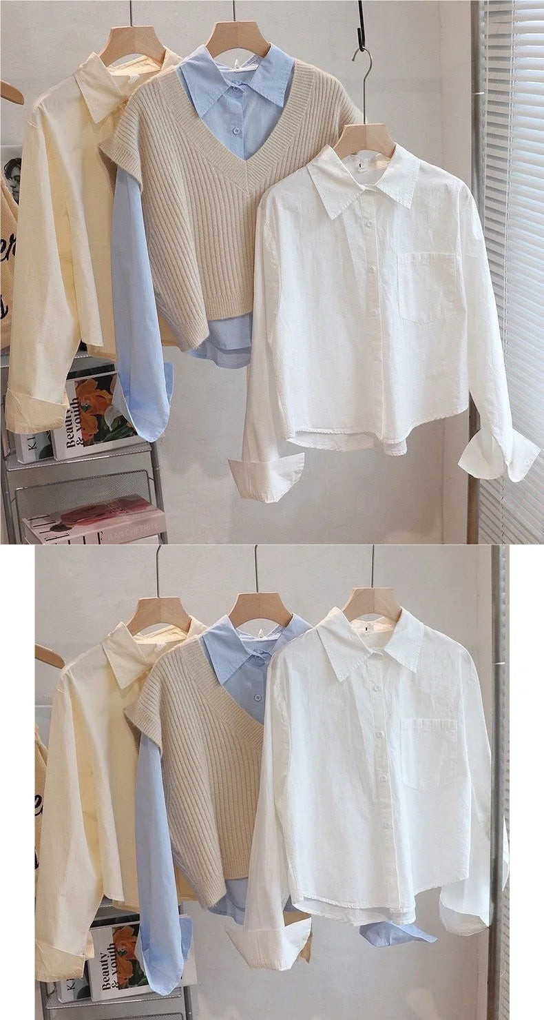 Spring Short Sleeve Women's Shirt Long Sleeve Inner Wear Outer Wear Student Style Soft Silk Fabric 3D Effect Polo Collar Tren...