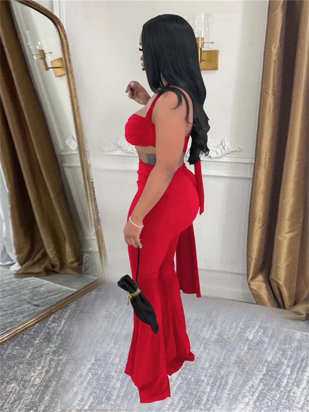 Weird Puss Ruched 2 Piece Set Women Sexy Halter Backless Bra+Metal Casp Ribbon Flared Pants Matching Party Club Stretch Outfits