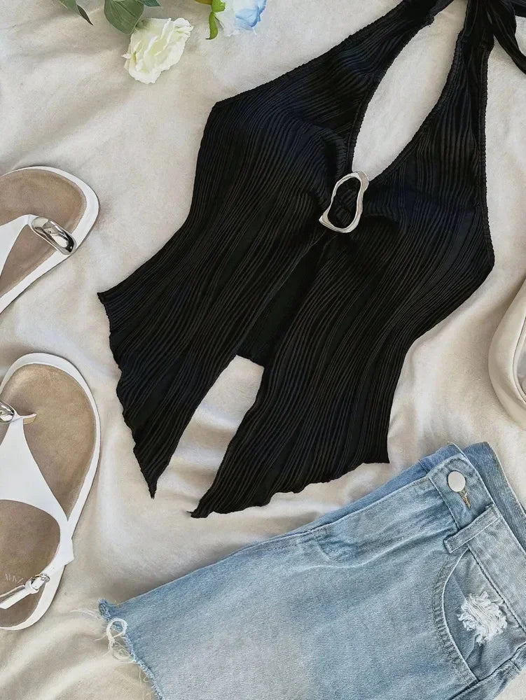 Sexy V-neck Halter Neck Crop Top for Women Summer Sleeveless Solid Split Backless Top Y2K Clothes