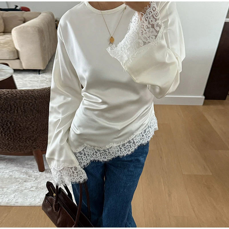 Elegant Satin Lace Patchwork Top Women O-neck Loose Long Sleeves Strappy Female shirt 2026 Spring Autumn Chic Lady T-shirt
