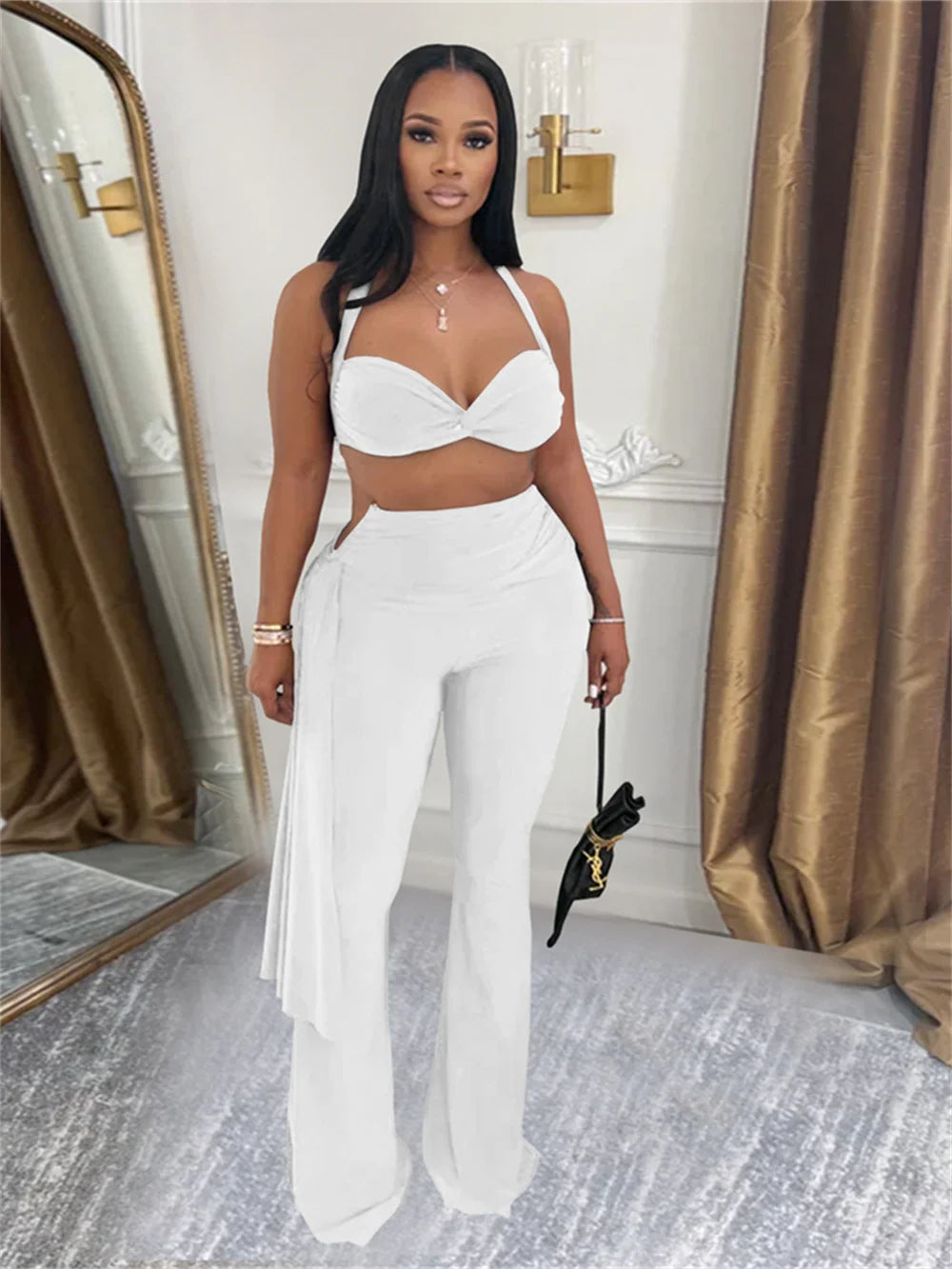 Weird Puss Ruched 2 Piece Set Women Sexy Halter Backless Bra+Metal Casp Ribbon Flared Pants Matching Party Club Stretch Outfits