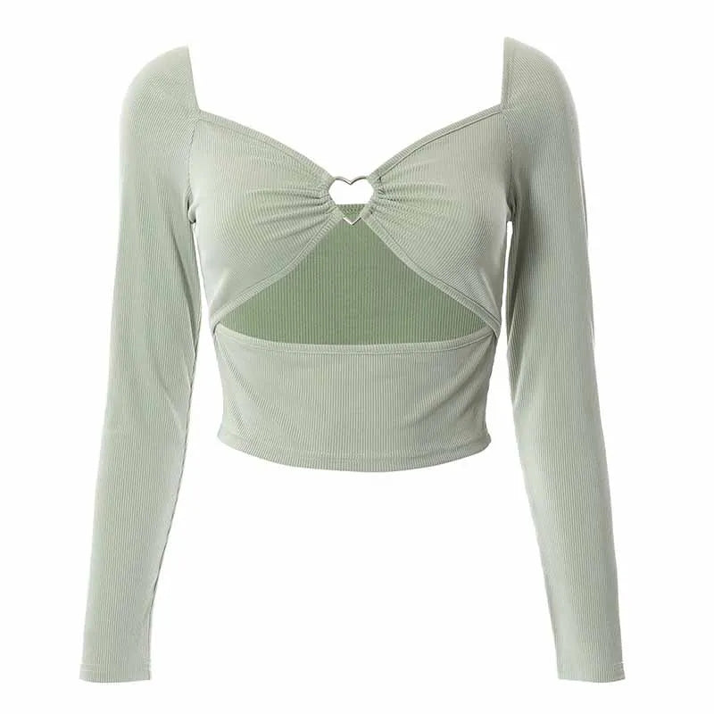 Hollow-Out V-neck Long Sleeve Crop Tops Spring Fall Casual Fashion Women Square Collar Slim Ribbed T-Shirts Backless Tee