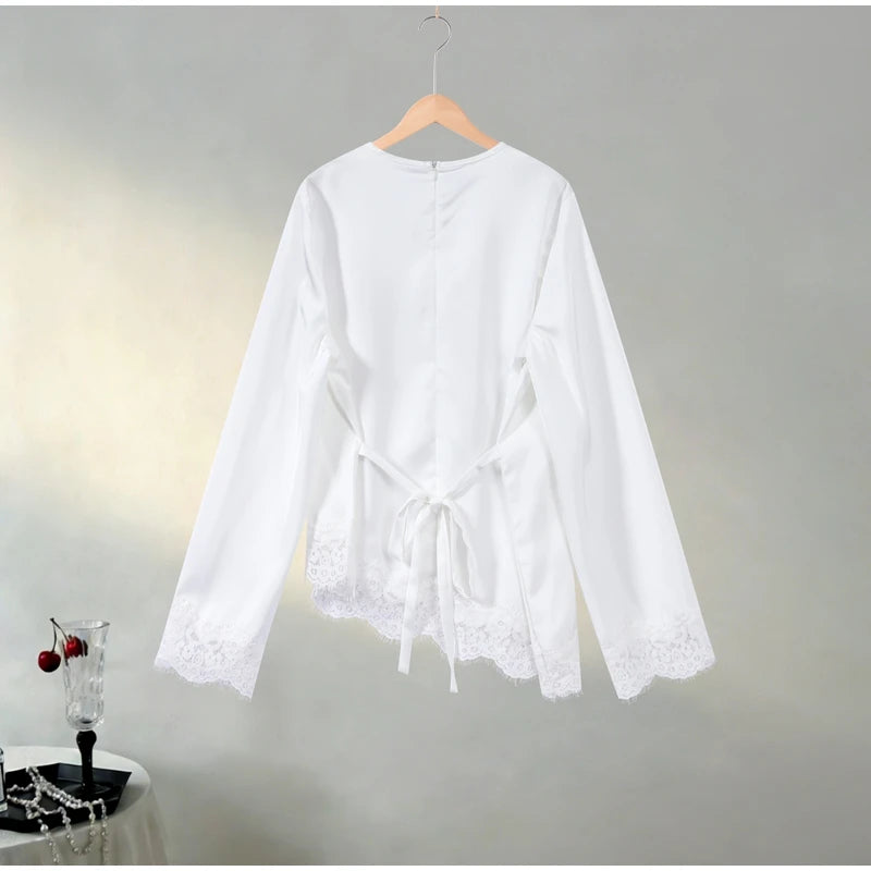 Elegant Satin Lace Patchwork Top Women O-neck Loose Long Sleeves Strappy Female shirt 2026 Spring Autumn Chic Lady T-shirt